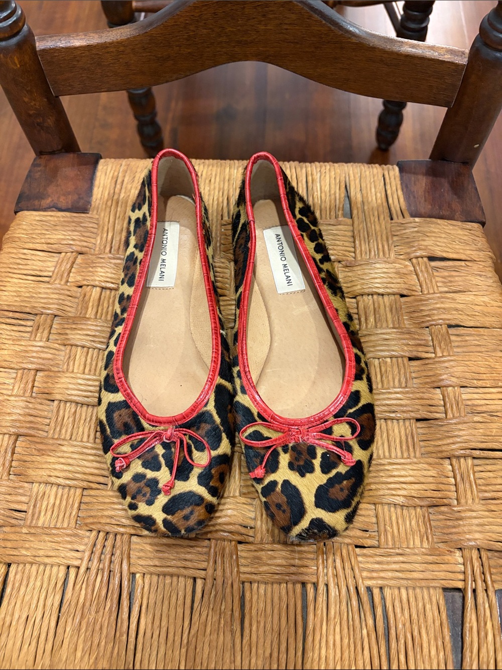 ANTONIO MELANI Leopard Print Ballet Flats with Red Trim and Bow